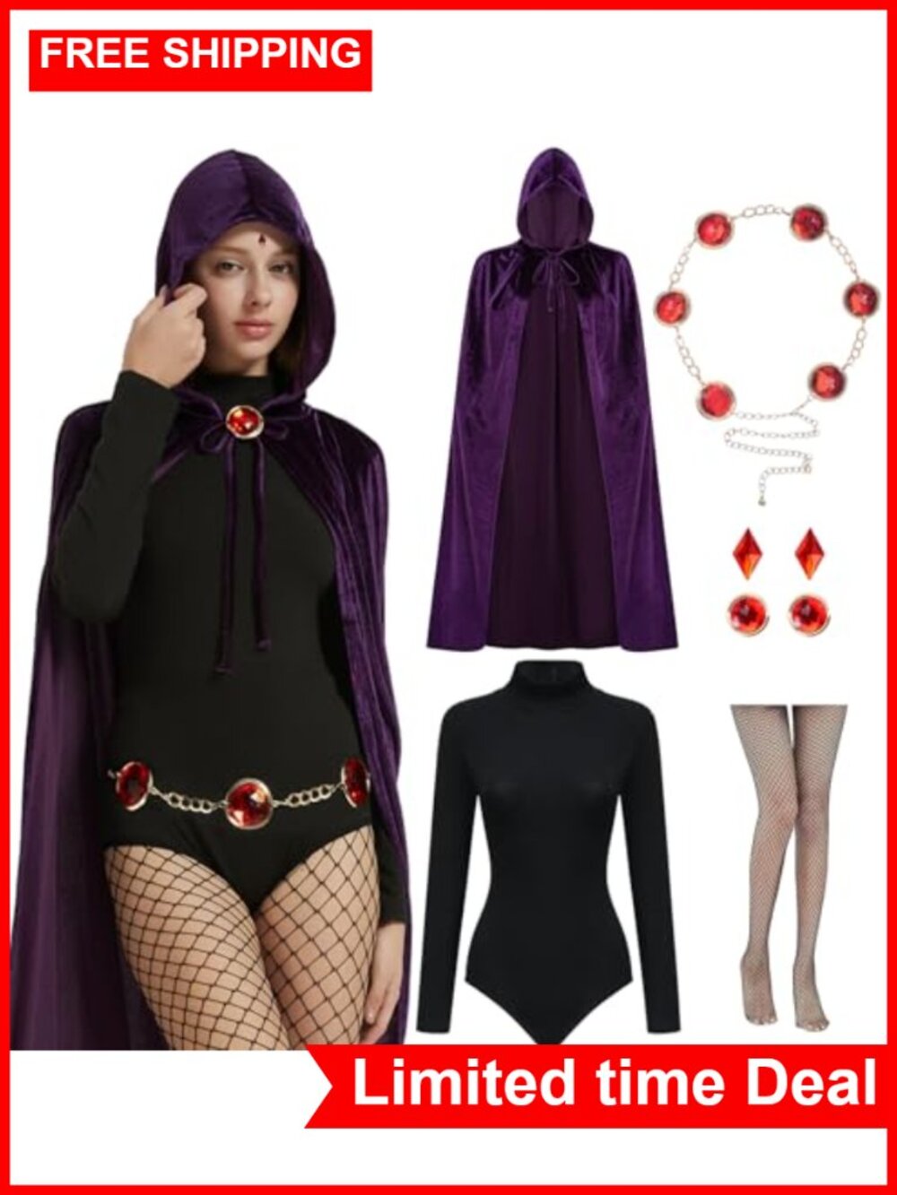 Women's Gothic Mystic Heroine Costume Set Hooded Cape Bodysuit